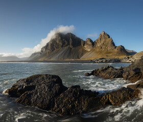 Famous Eystrahorn mountain range and black sand beach in Hvalnes Nature reserve at the coast of southeast Iceland