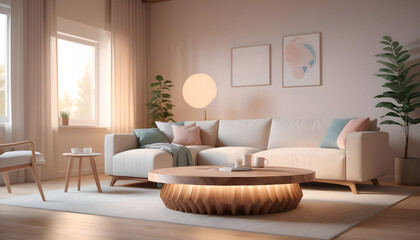 Fototapeta na wymiar Round wood coffee table white sofa home interior design of modern living room 9