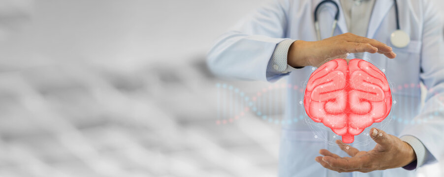 Doctor hand hold care brain health therapy, alzheimer, cancer, stroke, parkinson, disease, dementia, donation, surgery, cerebral haemorrage, encephalitis, insurance, hospital.world mental health day