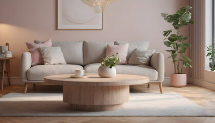 Fototapeta premium Round wood coffee table white sofa home interior design of modern living room 11