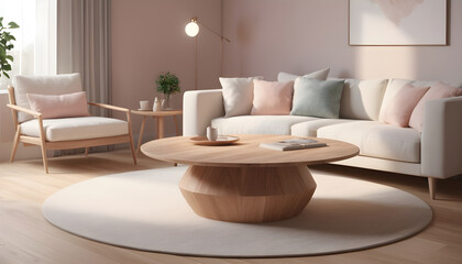 Fototapeta na wymiar Round wood coffee table white sofa home interior design of modern living room 12