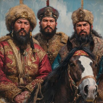 Tatar Mongols: nomadic warriors and conquerors, cultural legacy, military prowess, Eurasian steppes strength, traditional attire, resilience and the spirit of the historic nomadic lifestyle.