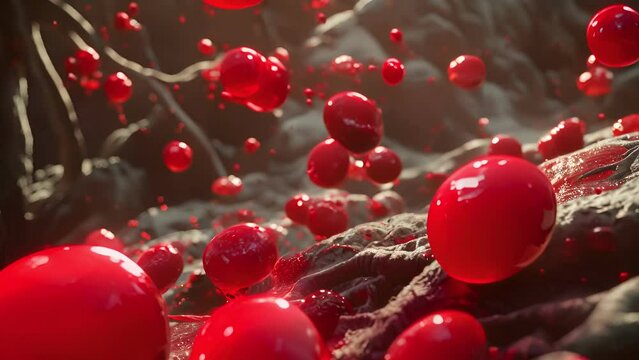 microbiology, Fat hyperlipidemia or arteriosclerosis hemoglobin red blood vessel cell micro microscope inside interior human body. Embolism and cholesterol and intestinal tumors