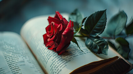 A red rose is on top of an open book - obrazy, fototapety, plakaty