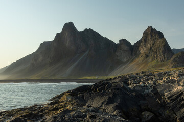 Famous Eystrahorn mountain range and black sand beach in Hvalnes Nature reserve at the coast of southeast Iceland