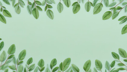 Green pastel background with corner leaves, 