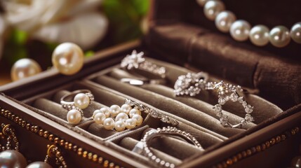 A luxurious jewelry box filled with an array of white gold and silver rings, earrings, and pendants adorned with pearls