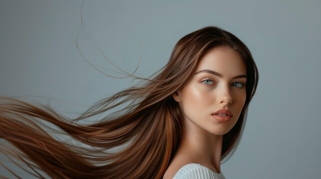 beautiful white model with brown hair on gray background