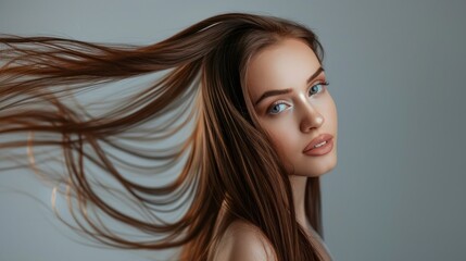 beautiful white model with brown hair wearing makeup on a gray background in high resolution and quality