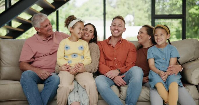 Grandparents, mom and dad with children in living room, happy and excited for family picture on couch. People, men and women with adorable kids on sofa for relax, bonding and enjoy together in house
