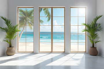 Window in empty room with plants in straw flower pots with view on tropical sea beach.