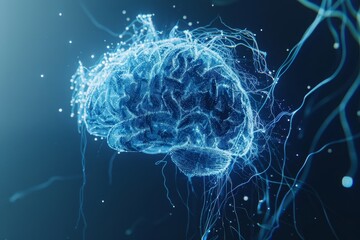 Wireframe image of brain, blue background, 3D rendering, technology, concept, brain scan, modern line art. Hi-Tech Futuristic Sci-Fi concept 3D rendering.