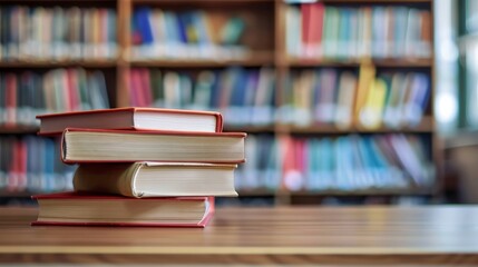 Book stack in the library room and blurred bookshelf for business and education background, - obrazy, fototapety, plakaty