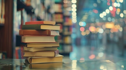 Book stack in the library room and blurred bookshelf for business and education background,