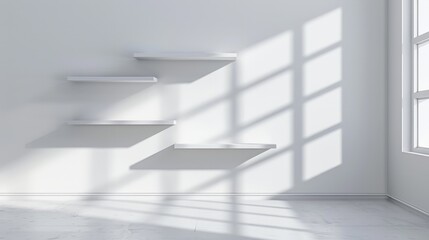 Five shelves on the wall with light and shadow in empty white room.