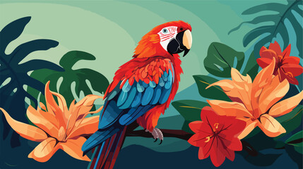 Illustration of macaw parrot with tropical plants.