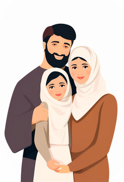 Muslim family wearing traditional clothes hugging each other, flat digital illustration isolated on white background, daughter with mother and father