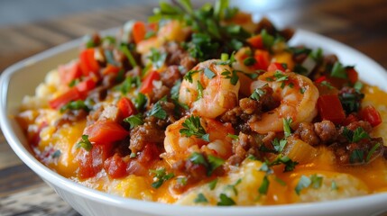 Homemade Shrimp and Grits with Pork and Cheddar