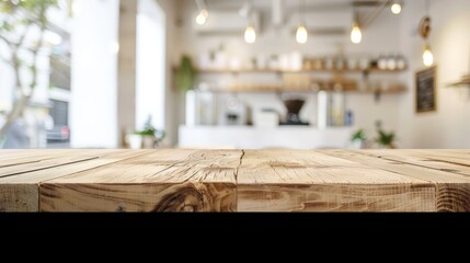 Wood table background, Shelf at cafe shop, Perspective wood over blur cafe with bokeh light background,