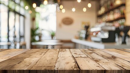 Wood table background, Shelf at cafe shop, Perspective wood over blur cafe with bokeh light background,