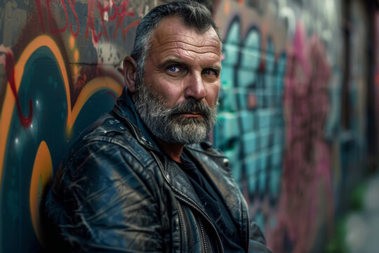 A hyperrealism portrait of a middle-aged man with a rugged beard and intense gaze, wearing a leather jacket and standing against a graffiti-covered wall in an urban setting.