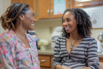 Expectant mother receiving prenatal consultation from OB-GYN in medical office