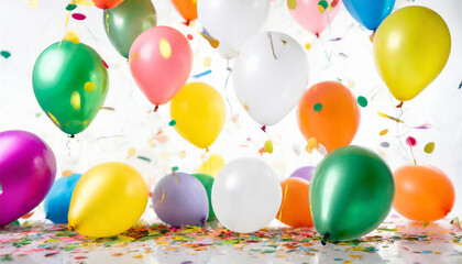 balloons falling or floating in the air isolated on white background with confetti. Generative AI - 762845121