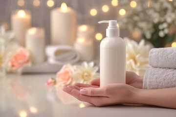 Obraz na płótnie Canvas Capture the elegance of self-care by featuring a pair of hands holding a luxurious bottle of moisturizing lotion with a soft towel, bath essentials, and flowers in the background.