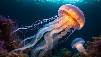 A Jellyfish In A Sea Of Glowing Aquatic Life Upscaled 6