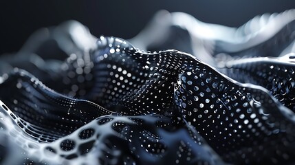 Black and white abstract background. Futuristic 3D rendering of a surface with a lot of small holes.