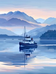 A boat is sailing on a lake with mountains in the background