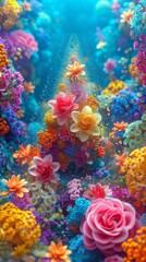 Fototapeta na wymiar A colorful underwater scene with a tree made of flowers