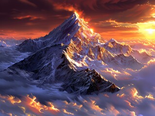 A mountain with a red sun in the sky - obrazy, fototapety, plakaty