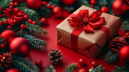 A brown box with a red bow sits on a red background with Christmas decorations
