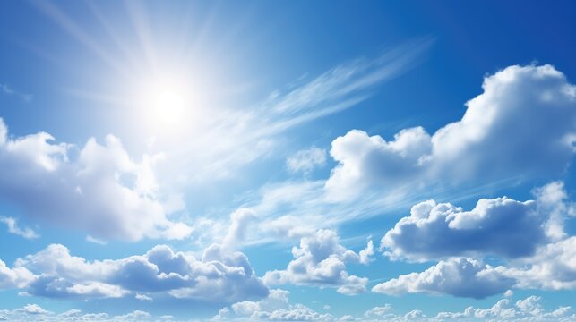 Blue Sky with White Clouds, Sunny Cloudy Sky Texture Background, Fluffy Clouds Pattern, Sunny Cumulus in Blue Air with Copy Space for Text.