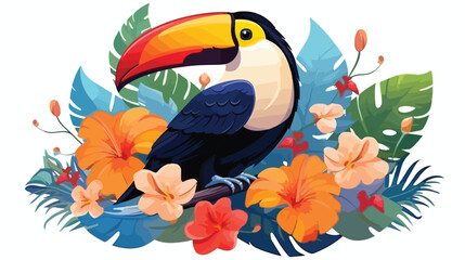 Illustration of toucan with tropical plants. Exotic