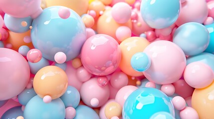 3D rendering of a bunch of pastel colored balls. The balls are of different sizes and are all in a...
