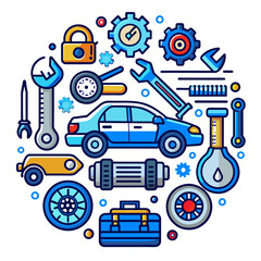 Car service icon set with black stroke and white background. Auto service, car repair icon set. Car service and garage.