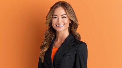 A caucasian business woman is smiling and wearing a suit