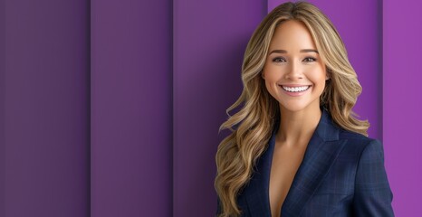 A caucasian business woman is smiling and wearing a suit