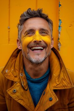 A man with a yellow face paint is smiling and wearing a yellow jacket