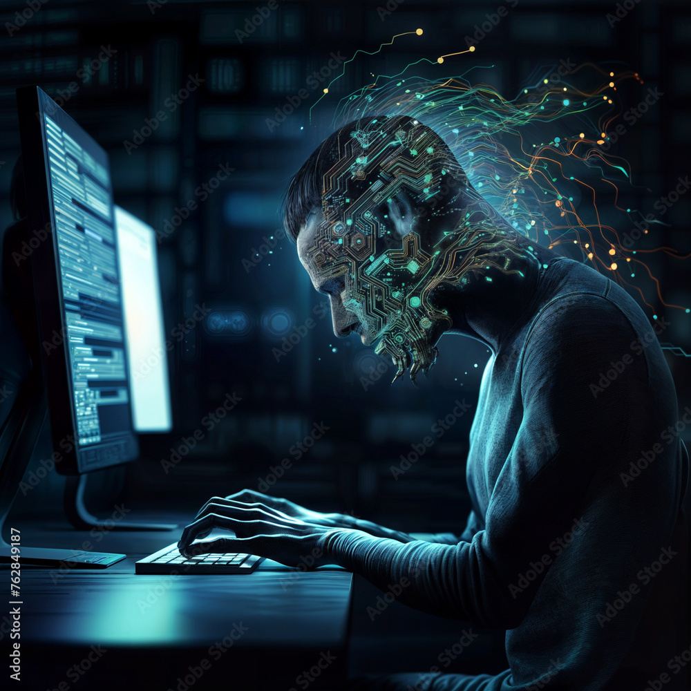 Poster a man is typing on a computer with a face on the screen. concept of technology and artificial intell