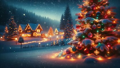 An enchanting outdoor holiday scene at dusk, showcasing a snowy landscape illuminated by soft, warm lights and a majestic fir tree