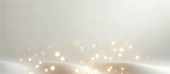 A white background banner with scattered gold bokeh fleck points of light