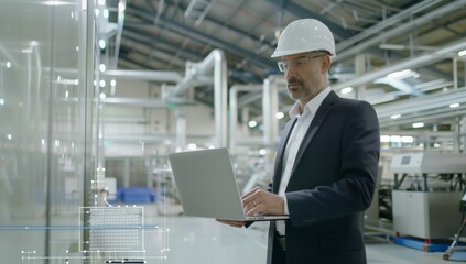A whitecollar worker in a suit and hard hat is operating a laptop computer in a factory setting to monitor and control the machines and engineering processes