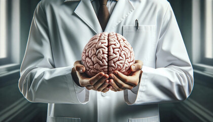 A doctor in a white lab coat holding a pink human brain wallpaper background