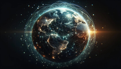 Obraz premium A digitally connected globe, with glowing lines and nodes representing global communication networks sprawling across its surface