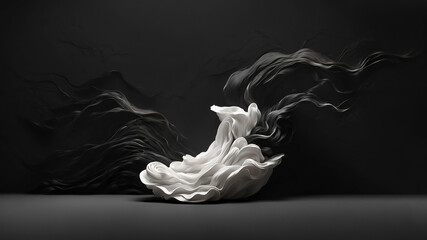 Monochrome Elegance: Abstract Undulating Form with Dynamic Wisps on Black