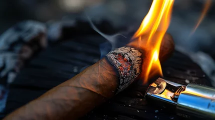 Foto op Plexiglas The cigar is ignited with a lighter and has burning © Ainur