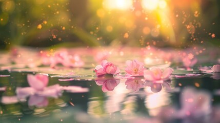 Naklejka na ściany i meble Summer Serenity: Pink Cherry Blossoms on Pond